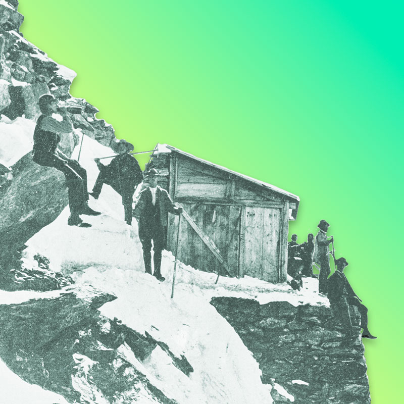 Mountain hut with mountaineers